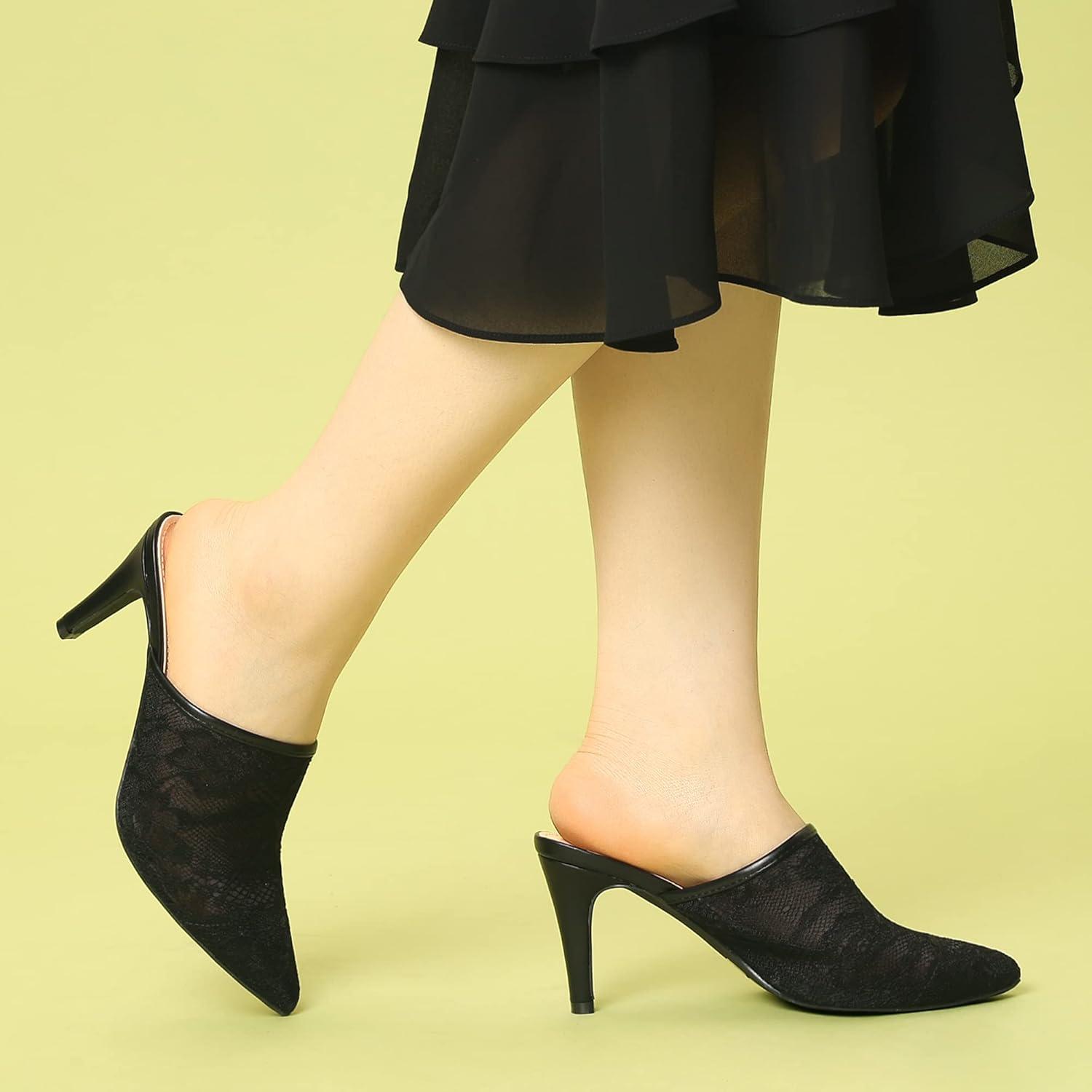 imageAllegra K Womens Lace Heels Sandals Mesh Floral Embroidered Stiletto Heels Slide MulesBlack