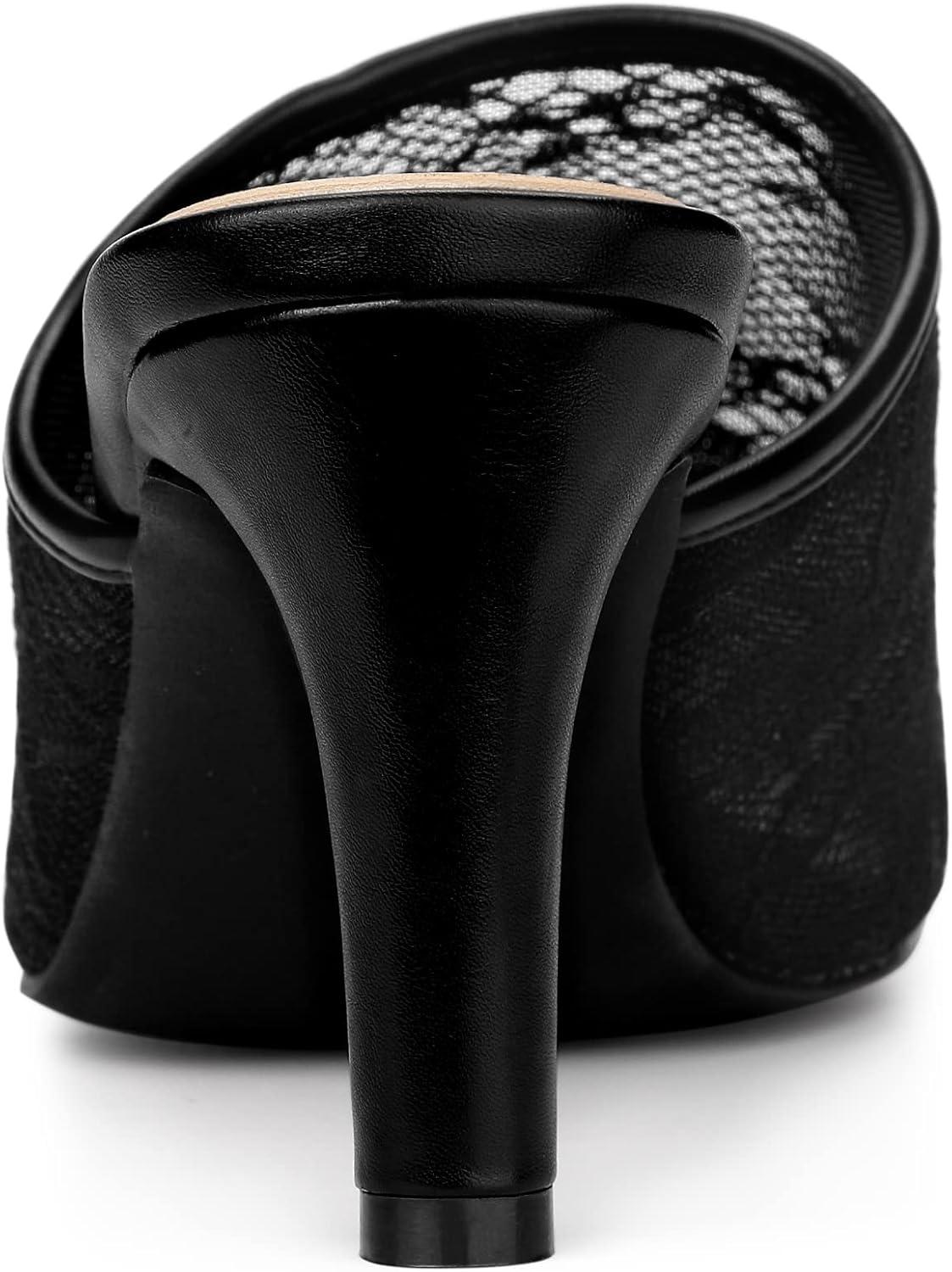 imageAllegra K Womens Lace Heels Sandals Mesh Floral Embroidered Stiletto Heels Slide MulesBlack