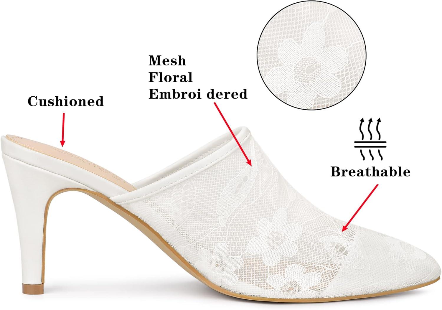 imageAllegra K Womens Lace Heels Sandals Mesh Floral Embroidered Stiletto Heels Slide MulesWhite