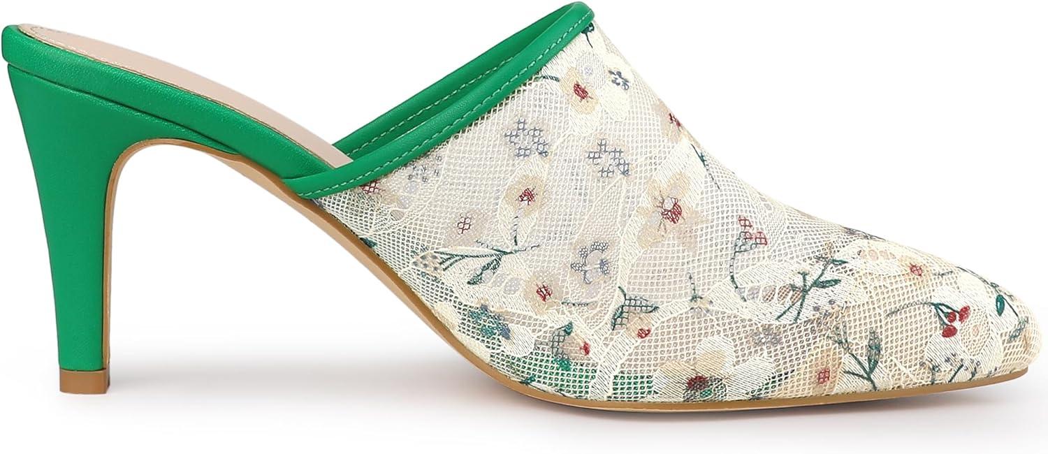 imageAllegra K Womens Lace Heels Sandals Mesh Floral Embroidered Stiletto Heels Slide MulesWhite Green