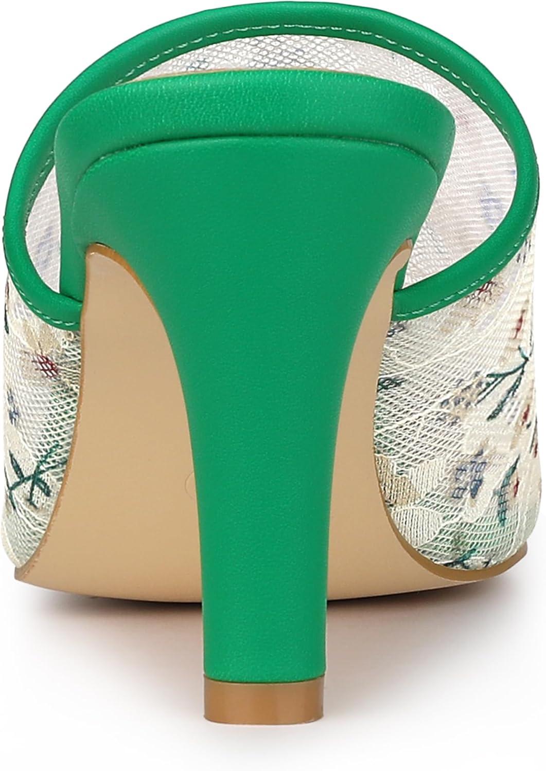 imageAllegra K Womens Lace Heels Sandals Mesh Floral Embroidered Stiletto Heels Slide MulesWhite Green