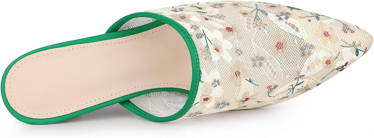 imageAllegra K Womens Lace Heels Sandals Mesh Floral Embroidered Stiletto Heels Slide MulesWhite Green