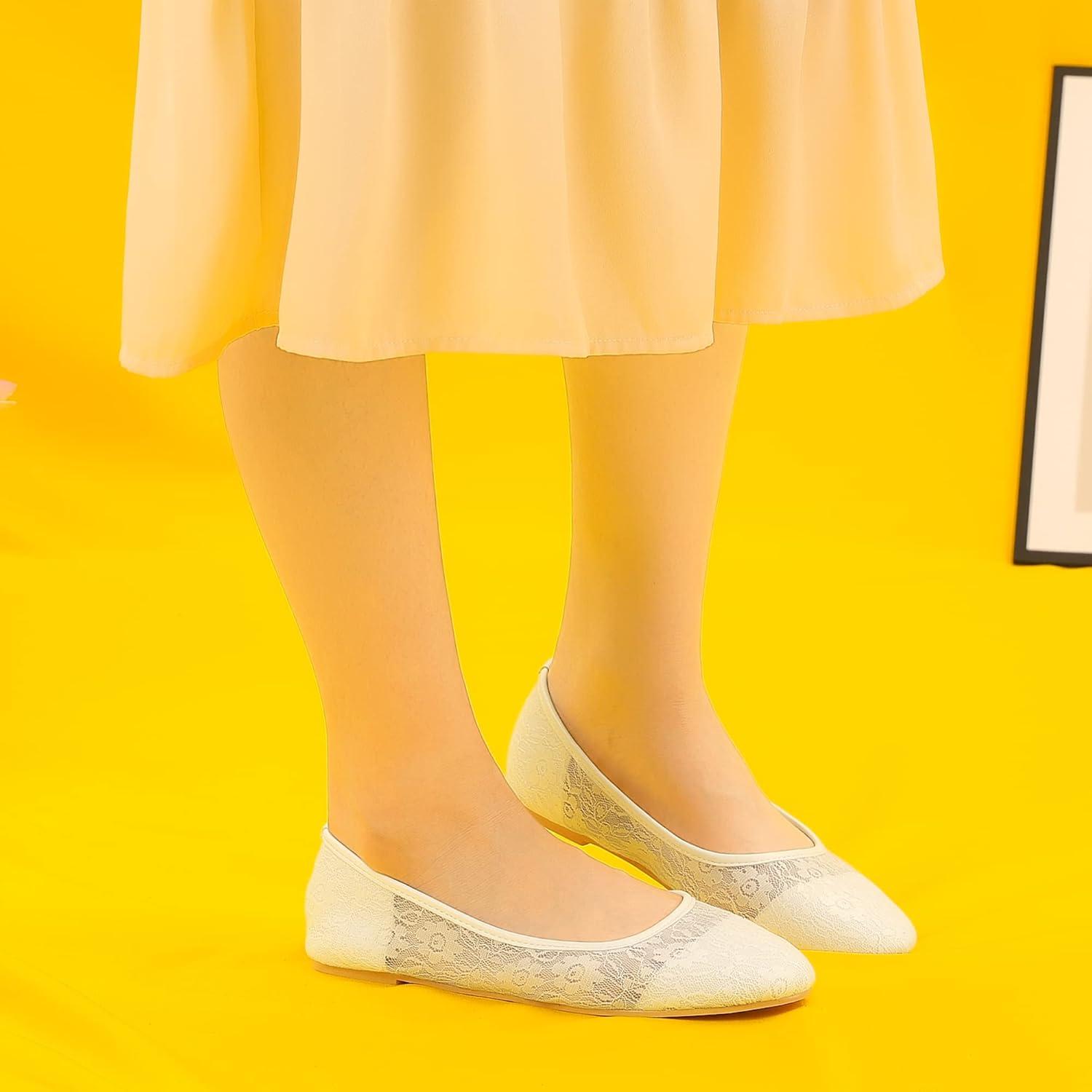 imageAllegra K Womens Lace Mesh Floral Round Toe Slip on Breathable Ballet FlatsWhite