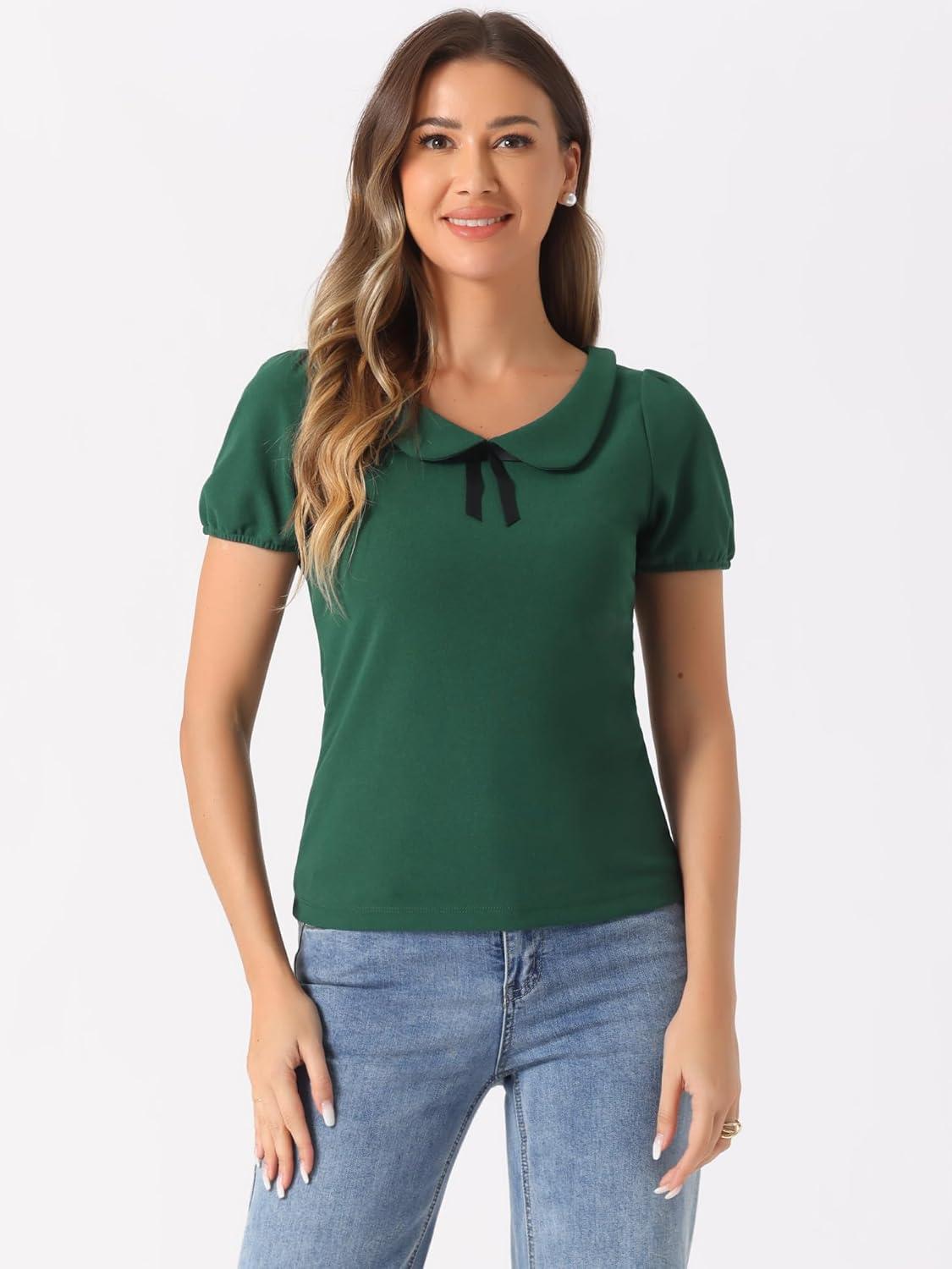 imageAllegra K Womens Peter Pan Collar Shirt Vintage 1950s Solid Short Sleeve BlouseDark Green