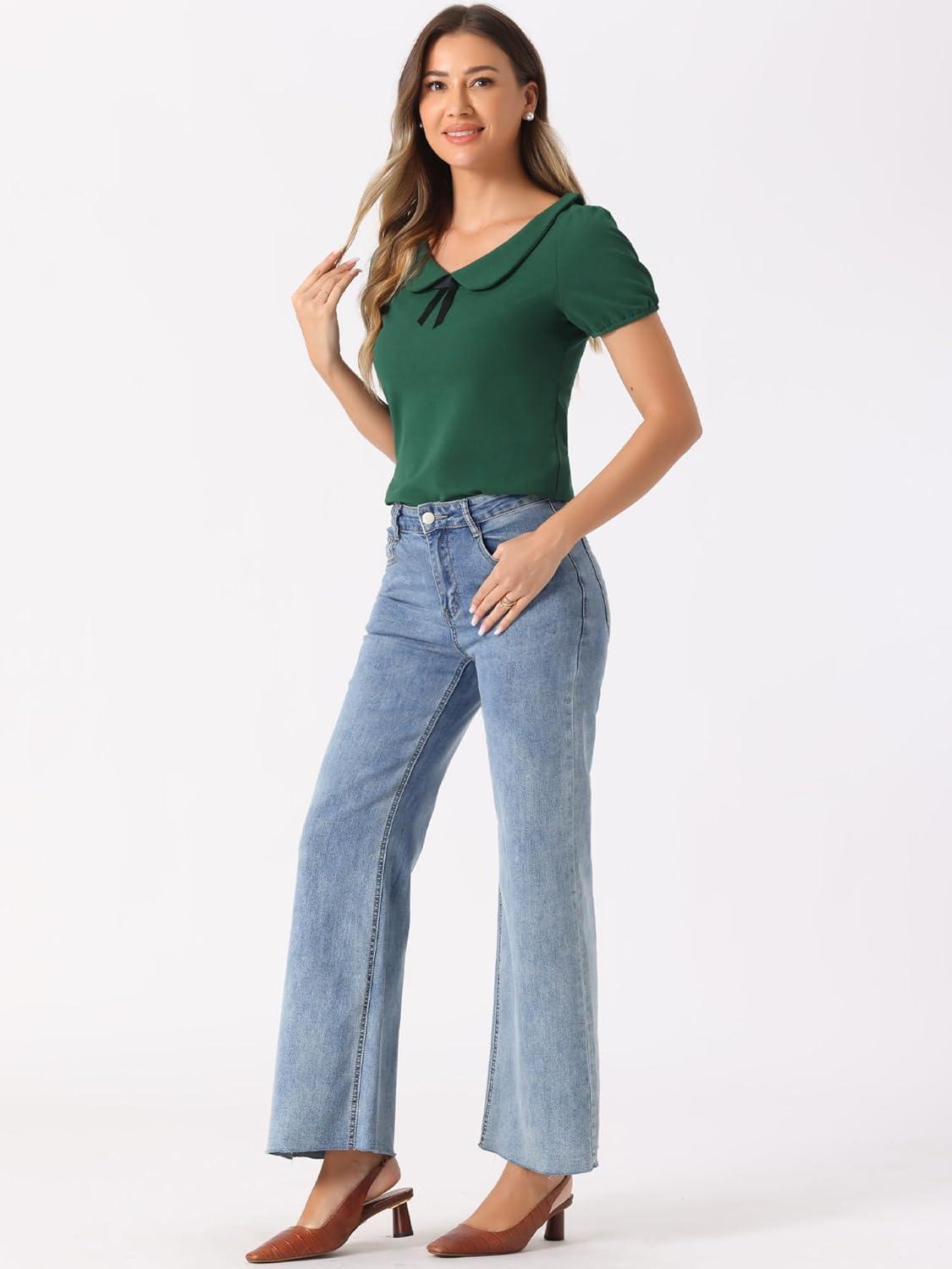 imageAllegra K Womens Peter Pan Collar Shirt Vintage 1950s Solid Short Sleeve BlouseDark Green