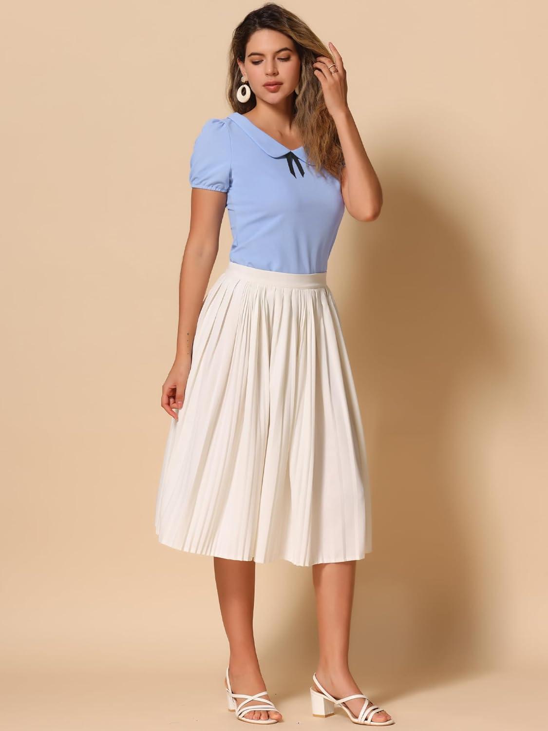 imageAllegra K Womens Peter Pan Collar Shirt Vintage 1950s Solid Short Sleeve BlouseLight Blue