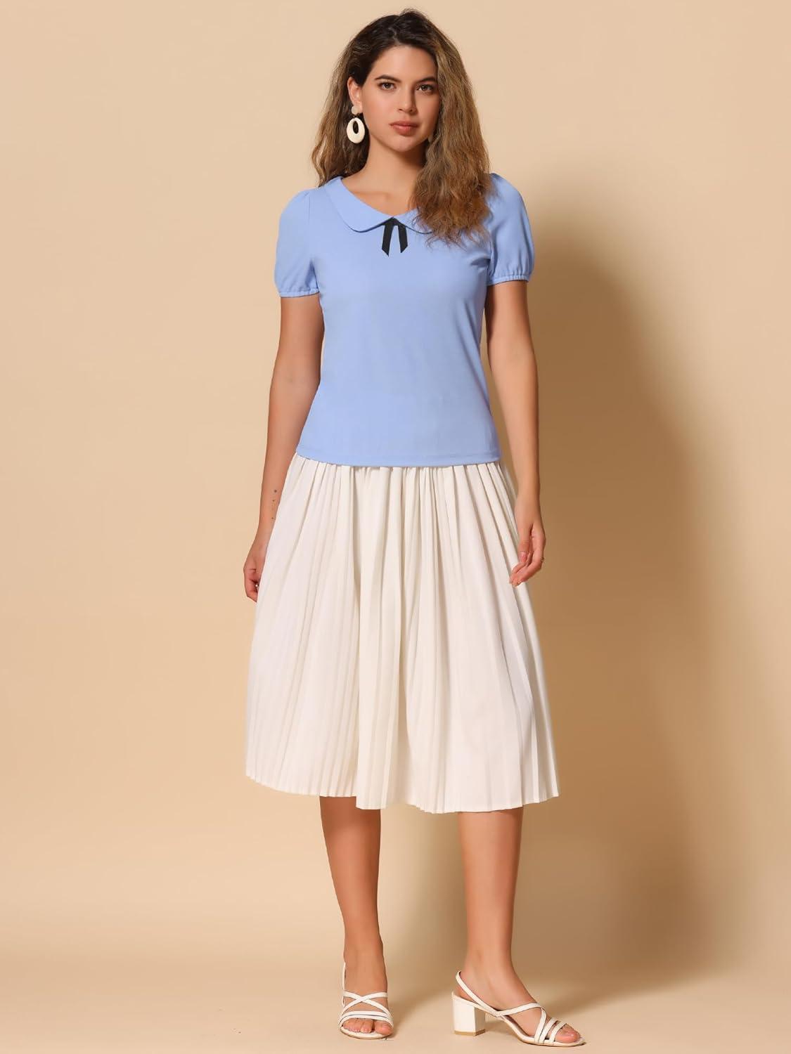 imageAllegra K Womens Peter Pan Collar Shirt Vintage 1950s Solid Short Sleeve BlouseLight Blue