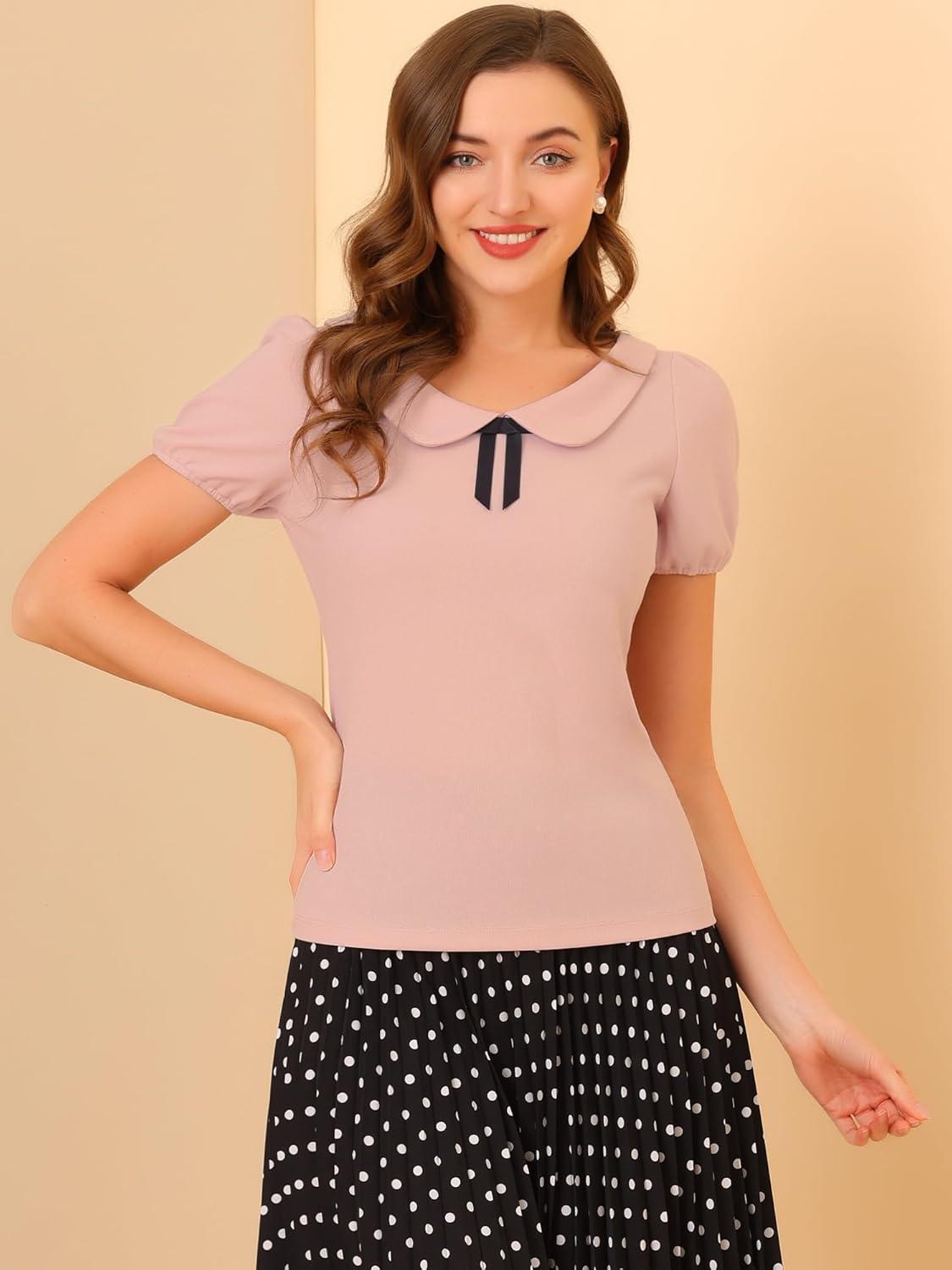 imageAllegra K Womens Peter Pan Collar Shirt Vintage 1950s Solid Short Sleeve BlousePink