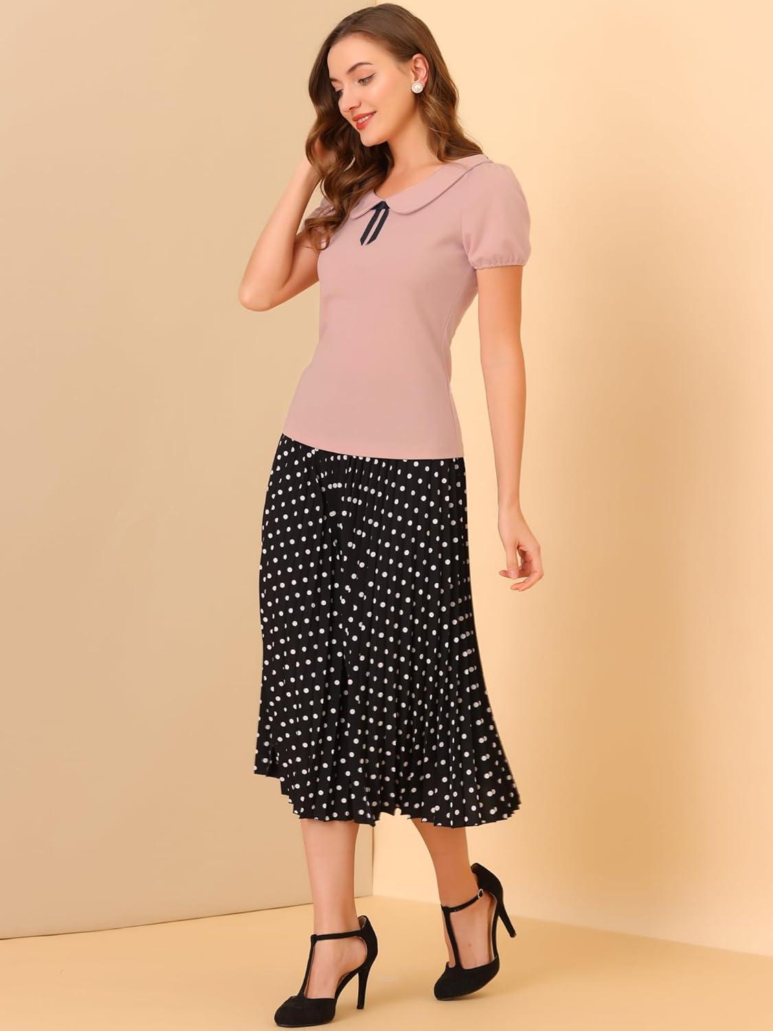 imageAllegra K Womens Peter Pan Collar Shirt Vintage 1950s Solid Short Sleeve BlousePink