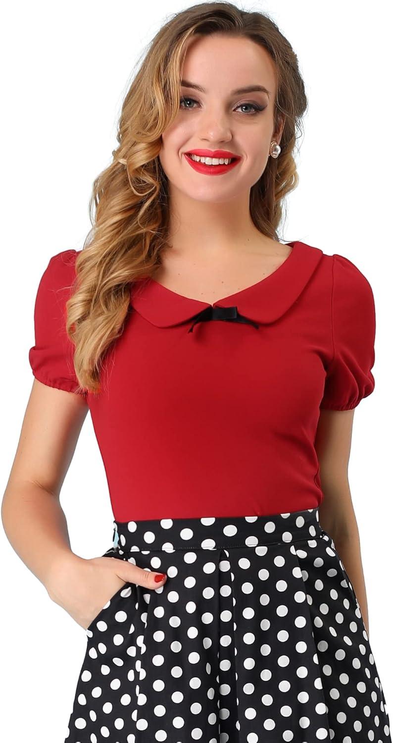 imageAllegra K Womens Peter Pan Collar Shirt Vintage 1950s Solid Short Sleeve BlouseRed