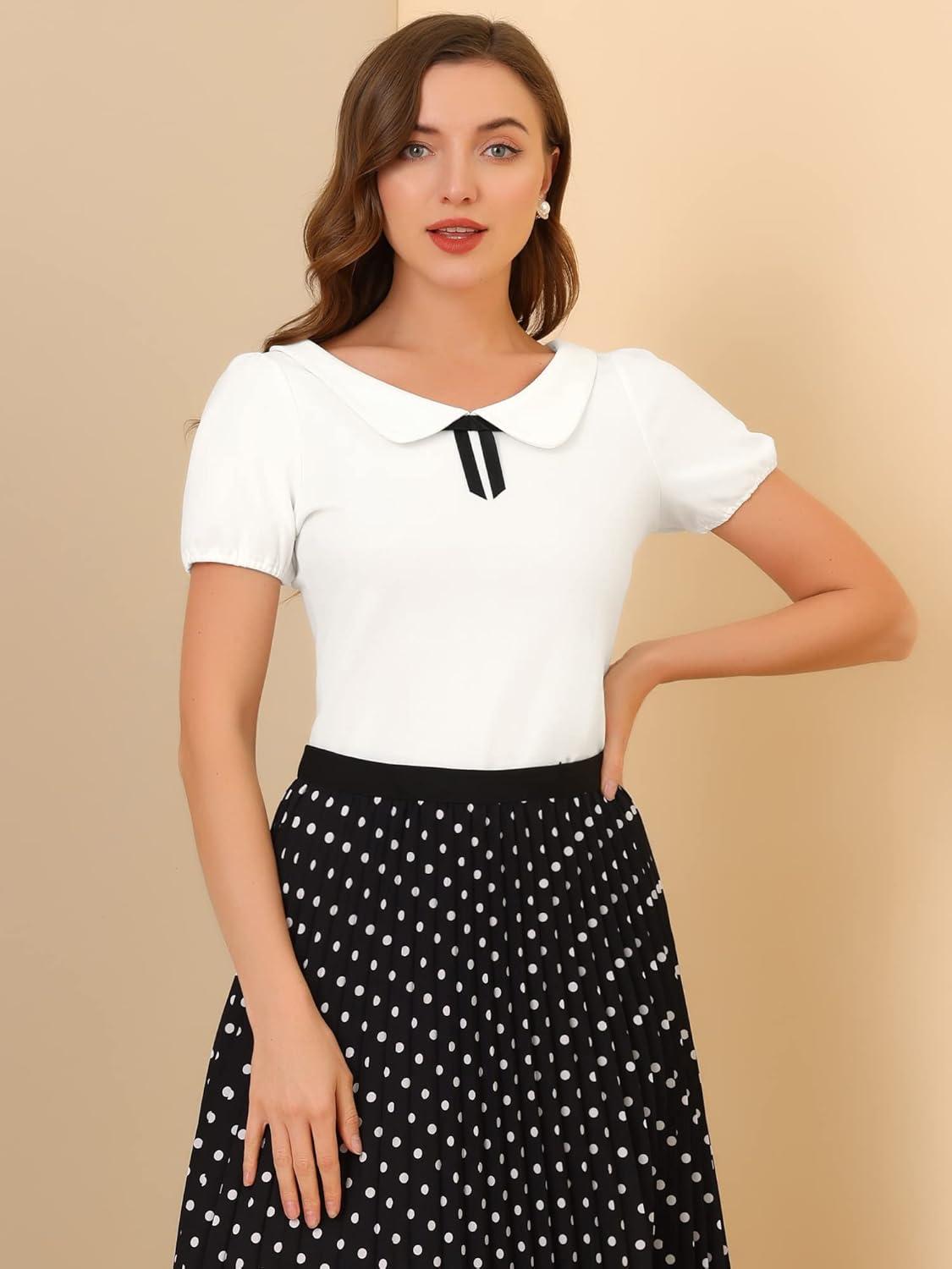 imageAllegra K Womens Peter Pan Collar Shirt Vintage 1950s Solid Short Sleeve BlouseWhite