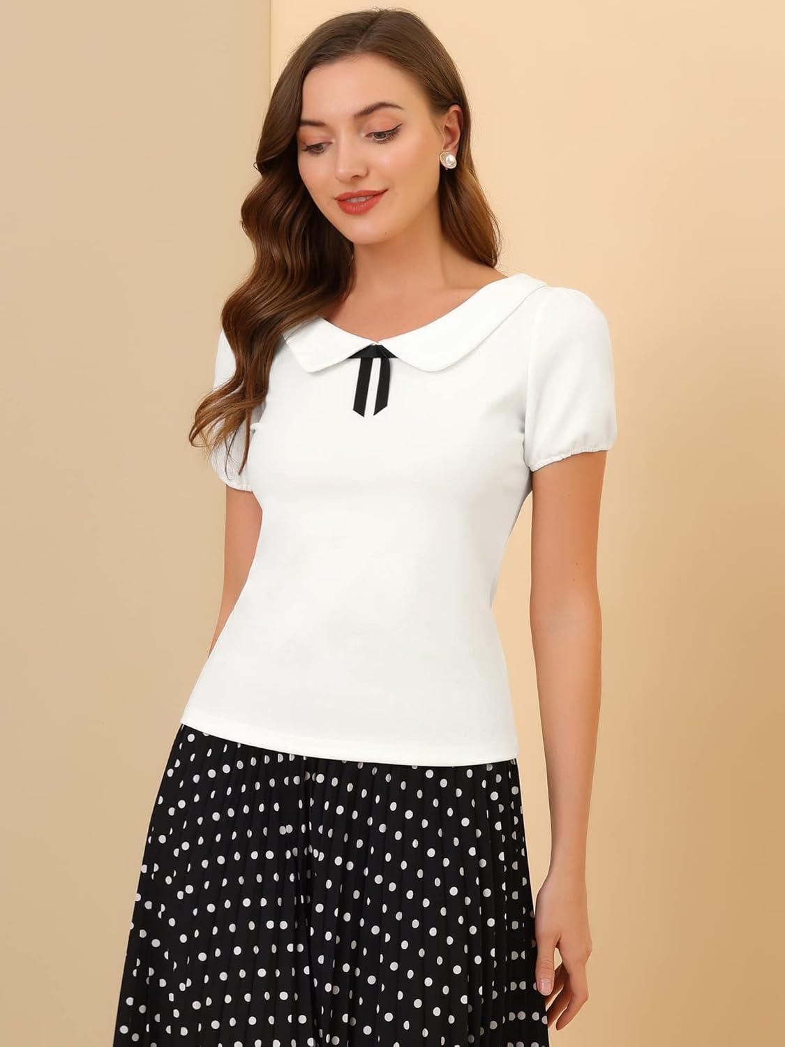 imageAllegra K Womens Peter Pan Collar Shirt Vintage 1950s Solid Short Sleeve BlouseWhite