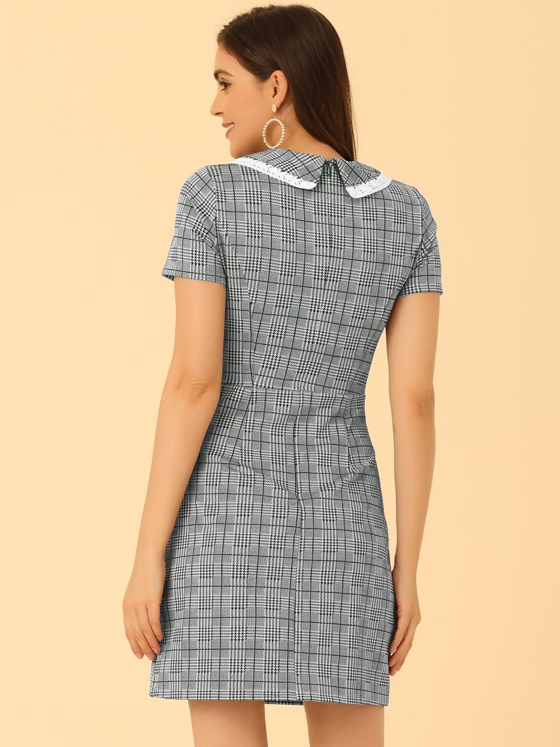 imageAllegra K Womens Peter Pan Dress Short Sleeve Stretchy Slim Fit Elegant Houndstooth Plaid Vintage DressesGreen