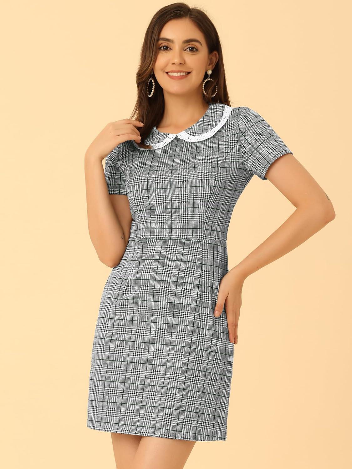 imageAllegra K Womens Peter Pan Dress Short Sleeve Stretchy Slim Fit Elegant Houndstooth Plaid Vintage DressesGreen