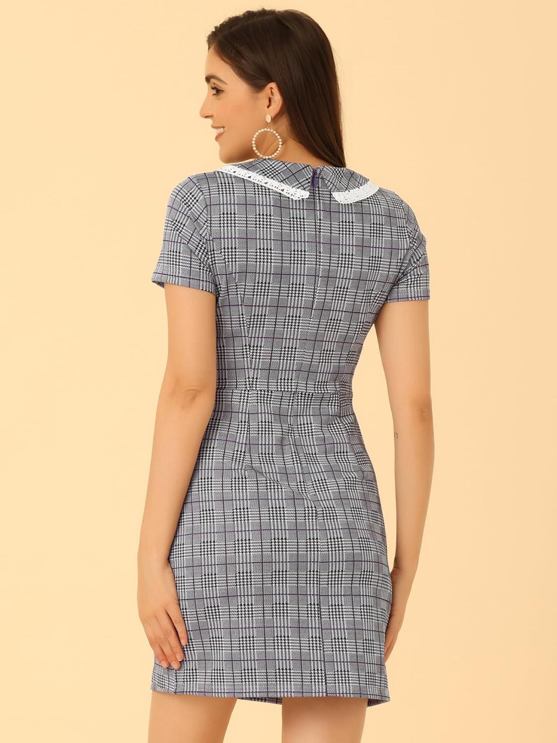 imageAllegra K Womens Peter Pan Dress Short Sleeve Stretchy Slim Fit Elegant Houndstooth Plaid Vintage DressesPurple