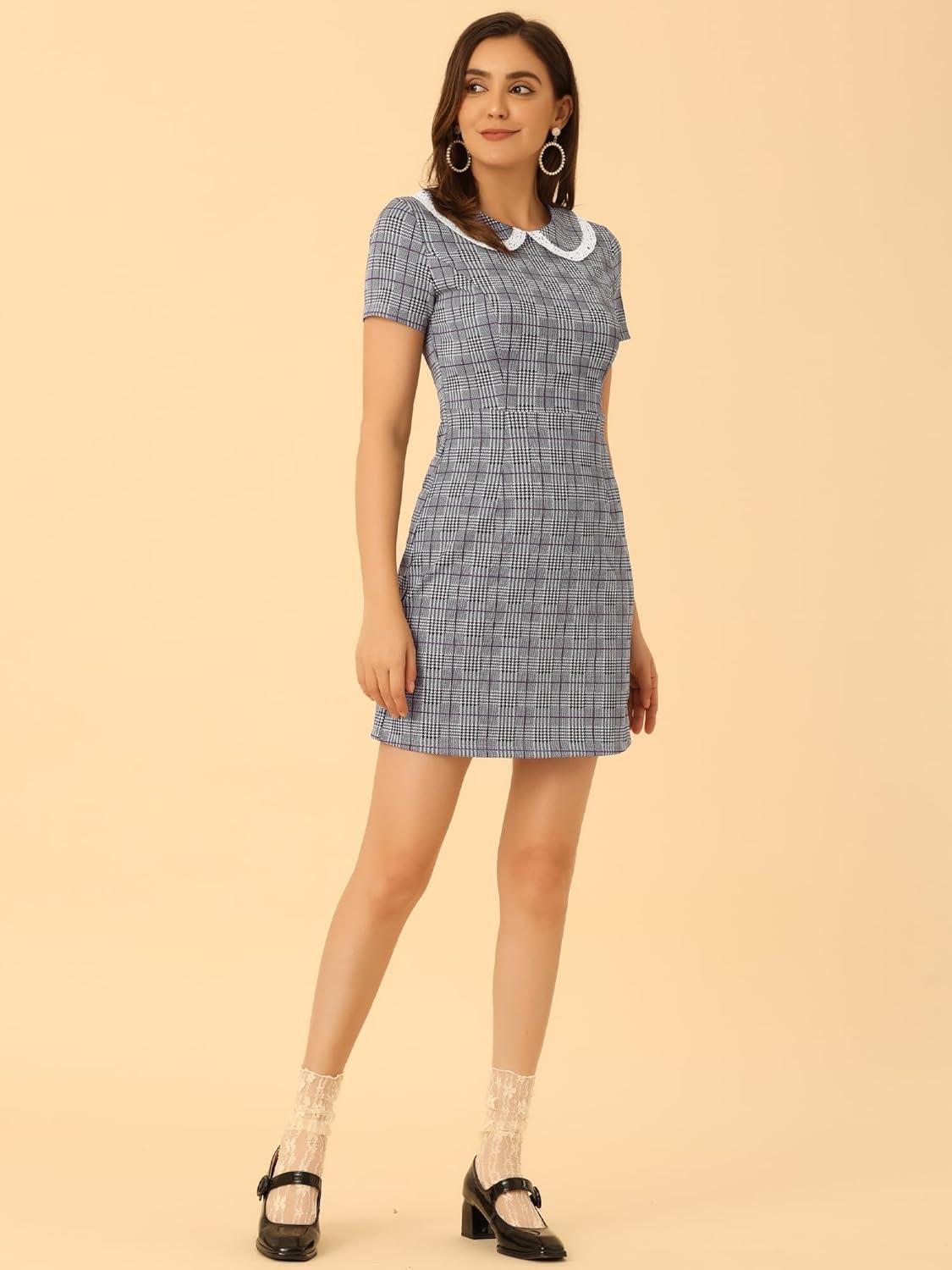 imageAllegra K Womens Peter Pan Dress Short Sleeve Stretchy Slim Fit Elegant Houndstooth Plaid Vintage DressesPurple