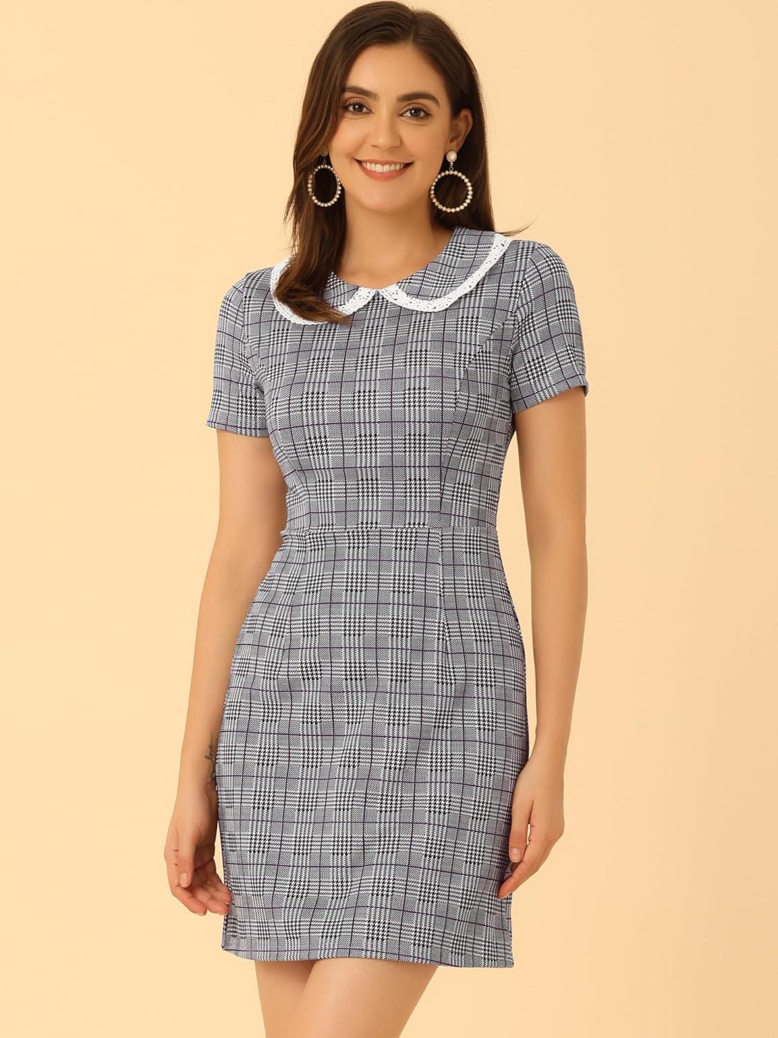 imageAllegra K Womens Peter Pan Dress Short Sleeve Stretchy Slim Fit Elegant Houndstooth Plaid Vintage DressesPurple