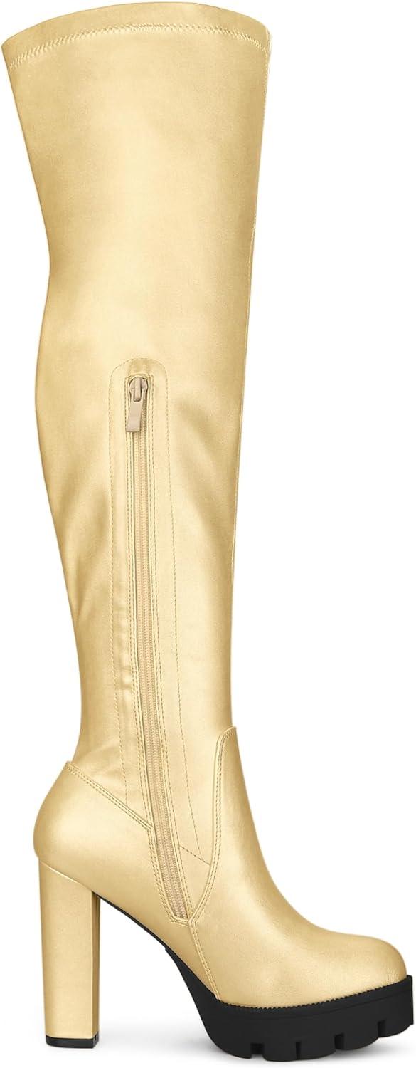 imageAllegra K Womens Platform Boots Chunky Heel Over Knee High BootsGold