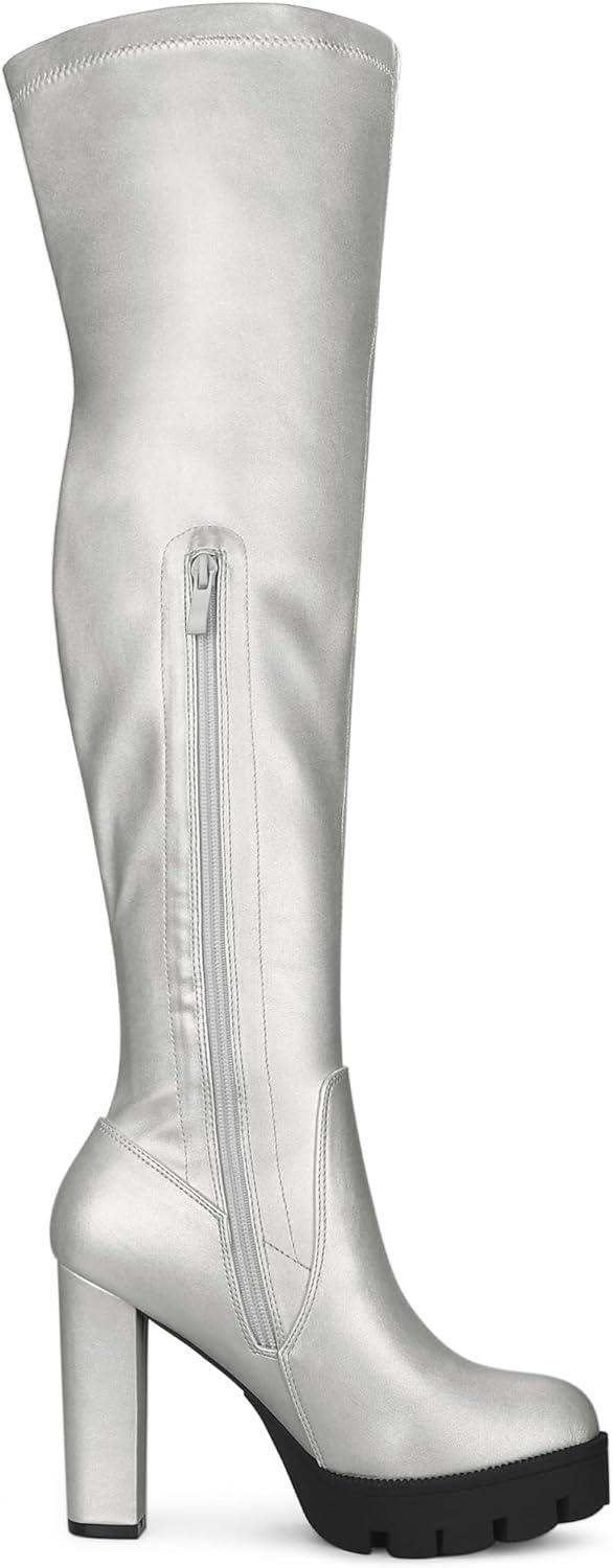 imageAllegra K Womens Platform Boots Chunky Heel Over Knee High BootsSilver