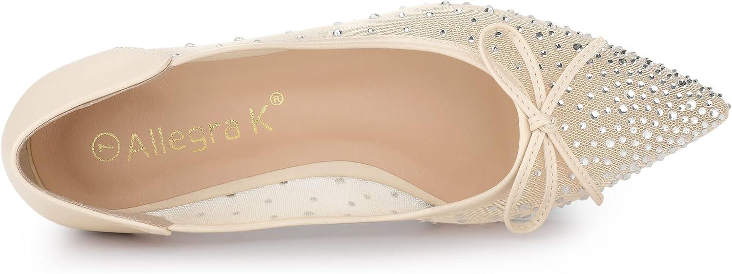 imageAllegra K Womens Pointed Toe Bow Rhinestone Mesh Ballerina FlatsBeige