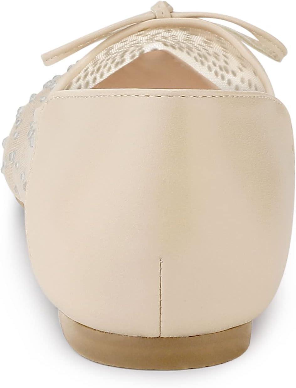imageAllegra K Womens Pointed Toe Bow Rhinestone Mesh Ballerina FlatsBeige