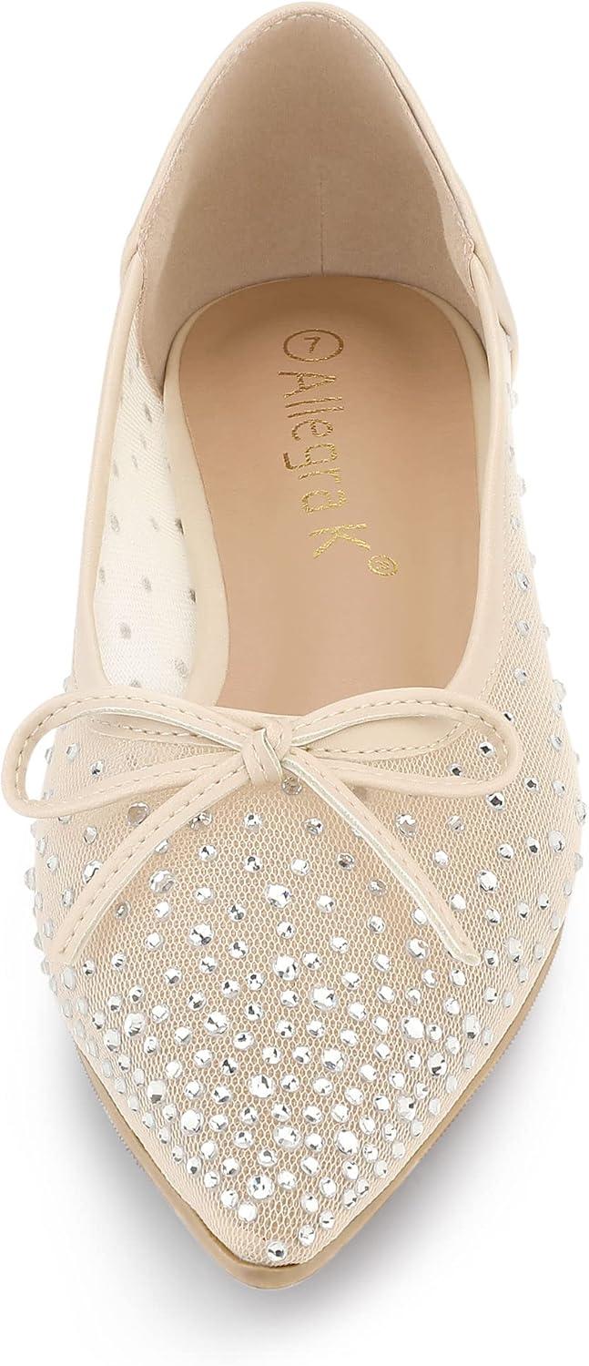 imageAllegra K Womens Pointed Toe Bow Rhinestone Mesh Ballerina FlatsBeige