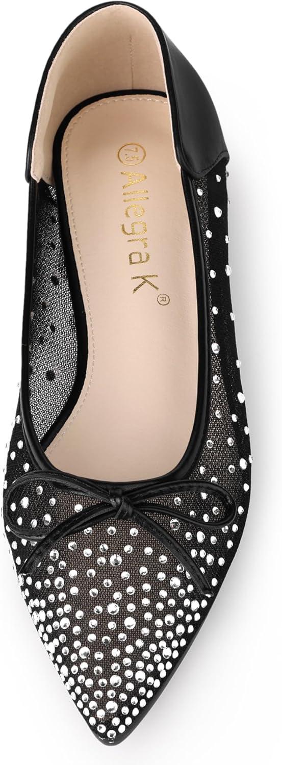 imageAllegra K Womens Pointed Toe Bow Rhinestone Mesh Ballerina FlatsBlack White