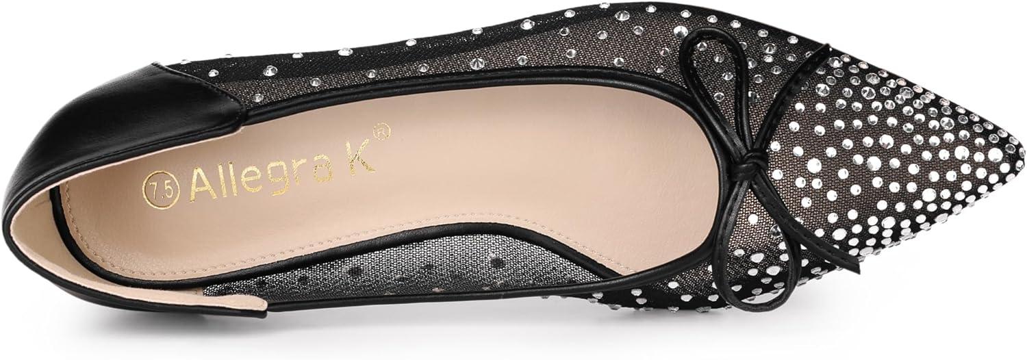 imageAllegra K Womens Pointed Toe Bow Rhinestone Mesh Ballerina FlatsBlack White