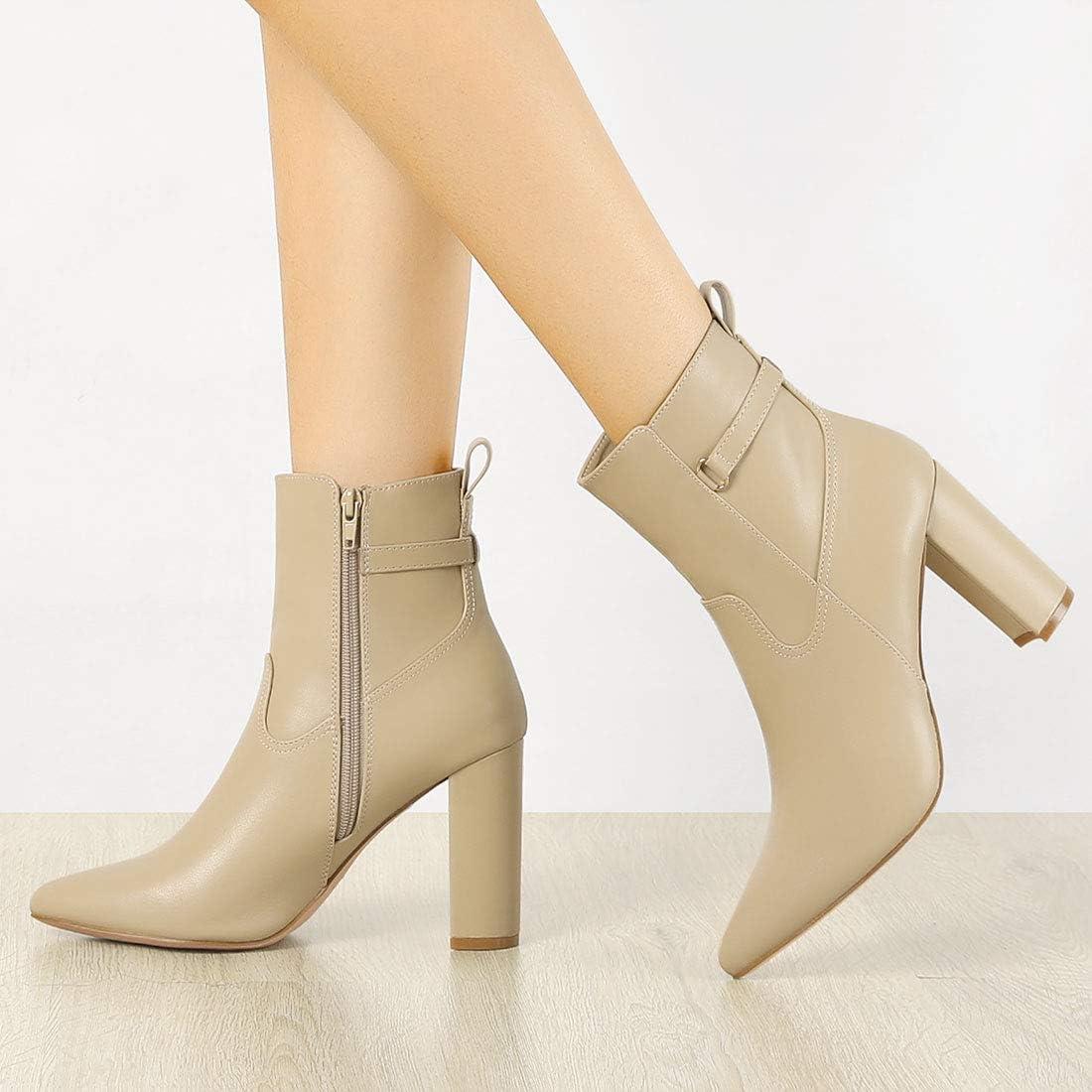 imageAllegra K Womens Pointed Toe Chunky High Heels Ankle BootsBeige