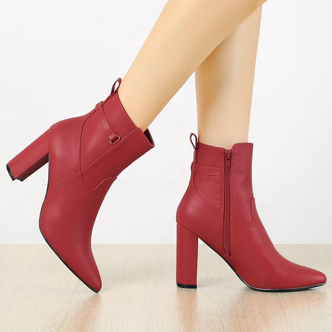 imageAllegra K Womens Pointed Toe Chunky High Heels Ankle BootsRed