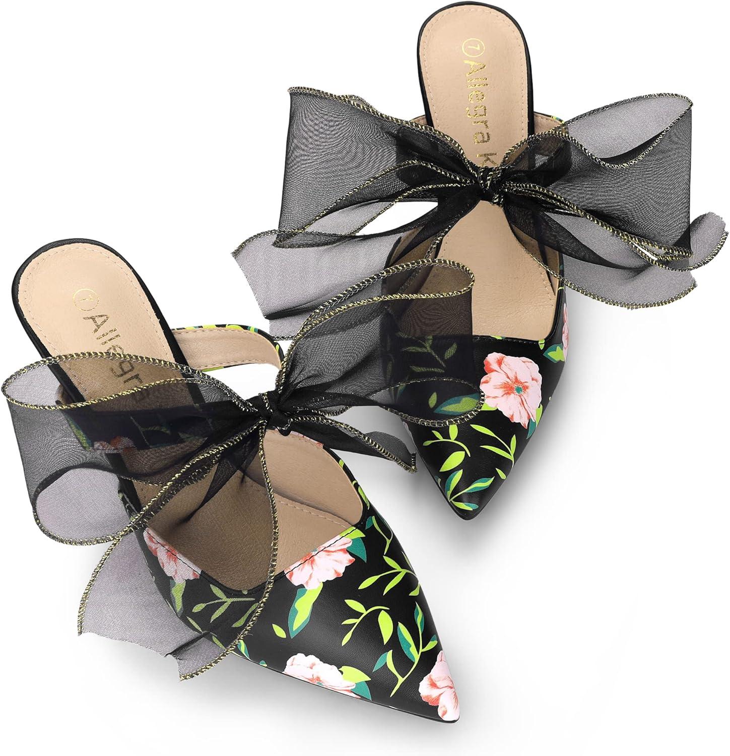 imageAllegra K Womens Pointed Toe Lace Bow Floral Printed Stiletto Heels MulesBlack