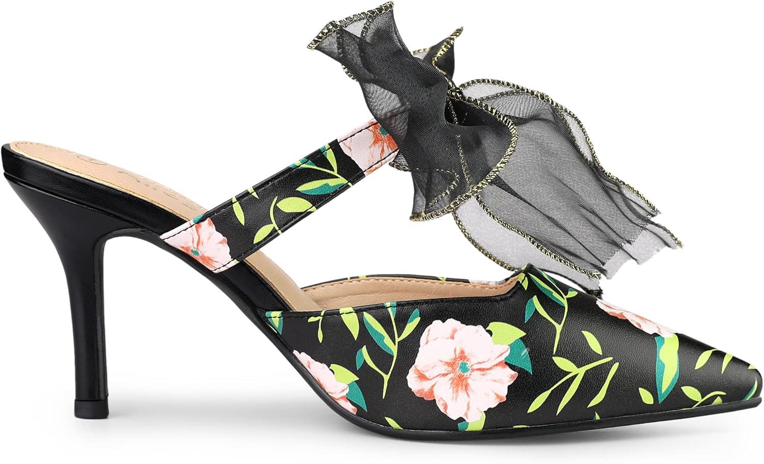 imageAllegra K Womens Pointed Toe Lace Bow Floral Printed Stiletto Heels MulesBlack