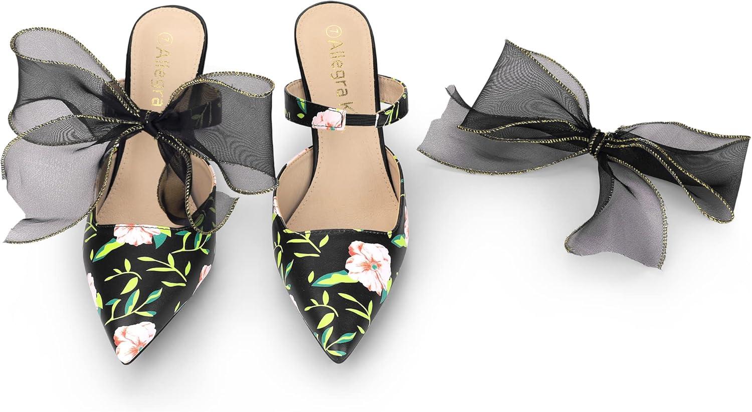 imageAllegra K Womens Pointed Toe Lace Bow Floral Printed Stiletto Heels MulesBlack
