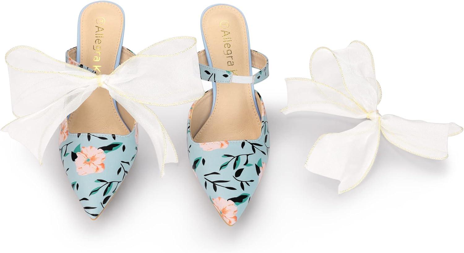 imageAllegra K Womens Pointed Toe Lace Bow Floral Printed Stiletto Heels MulesBlue