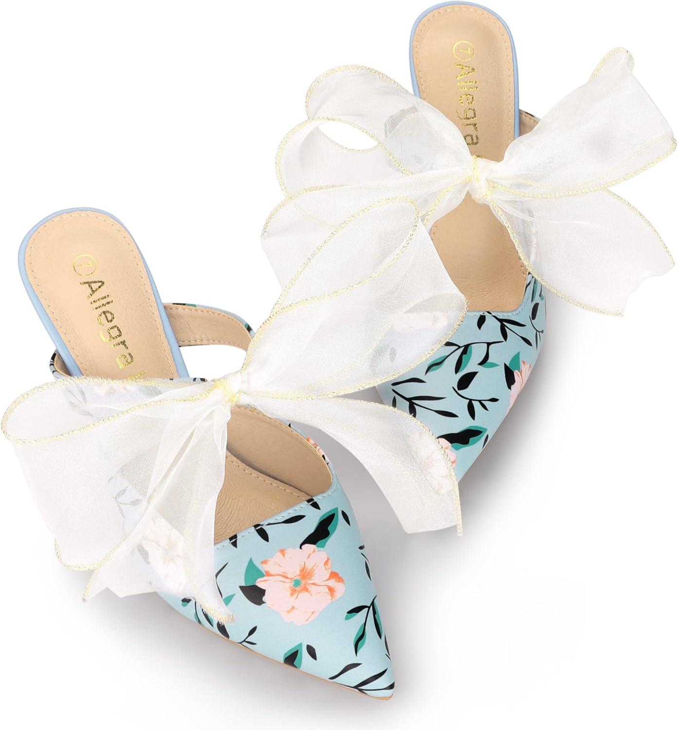 imageAllegra K Womens Pointed Toe Lace Bow Floral Printed Stiletto Heels MulesBlue