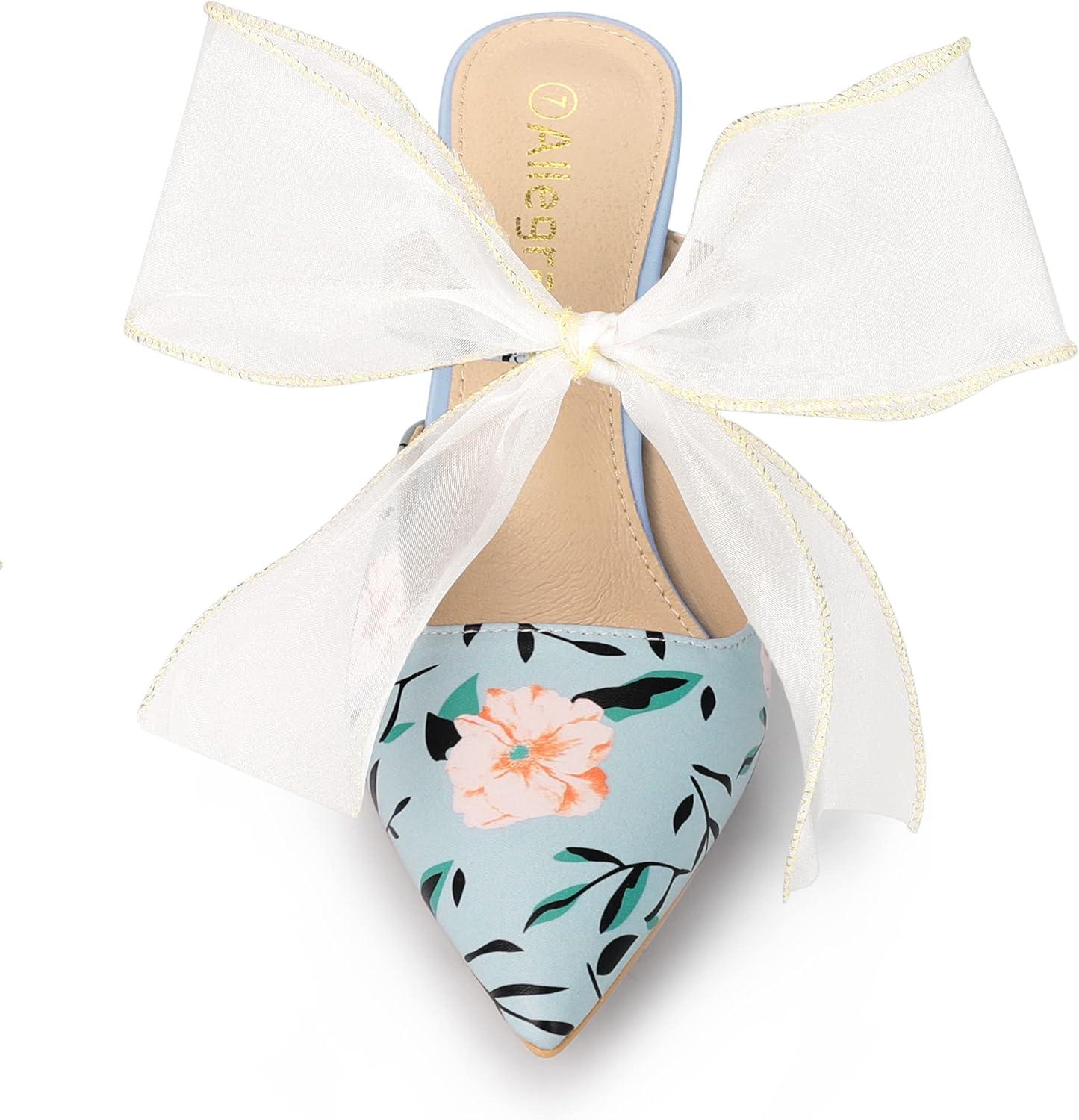 imageAllegra K Womens Pointed Toe Lace Bow Floral Printed Stiletto Heels MulesBlue
