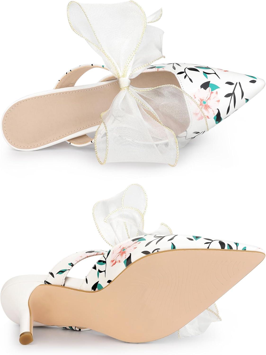 imageAllegra K Womens Pointed Toe Lace Bow Floral Printed Stiletto Heels MulesWhite