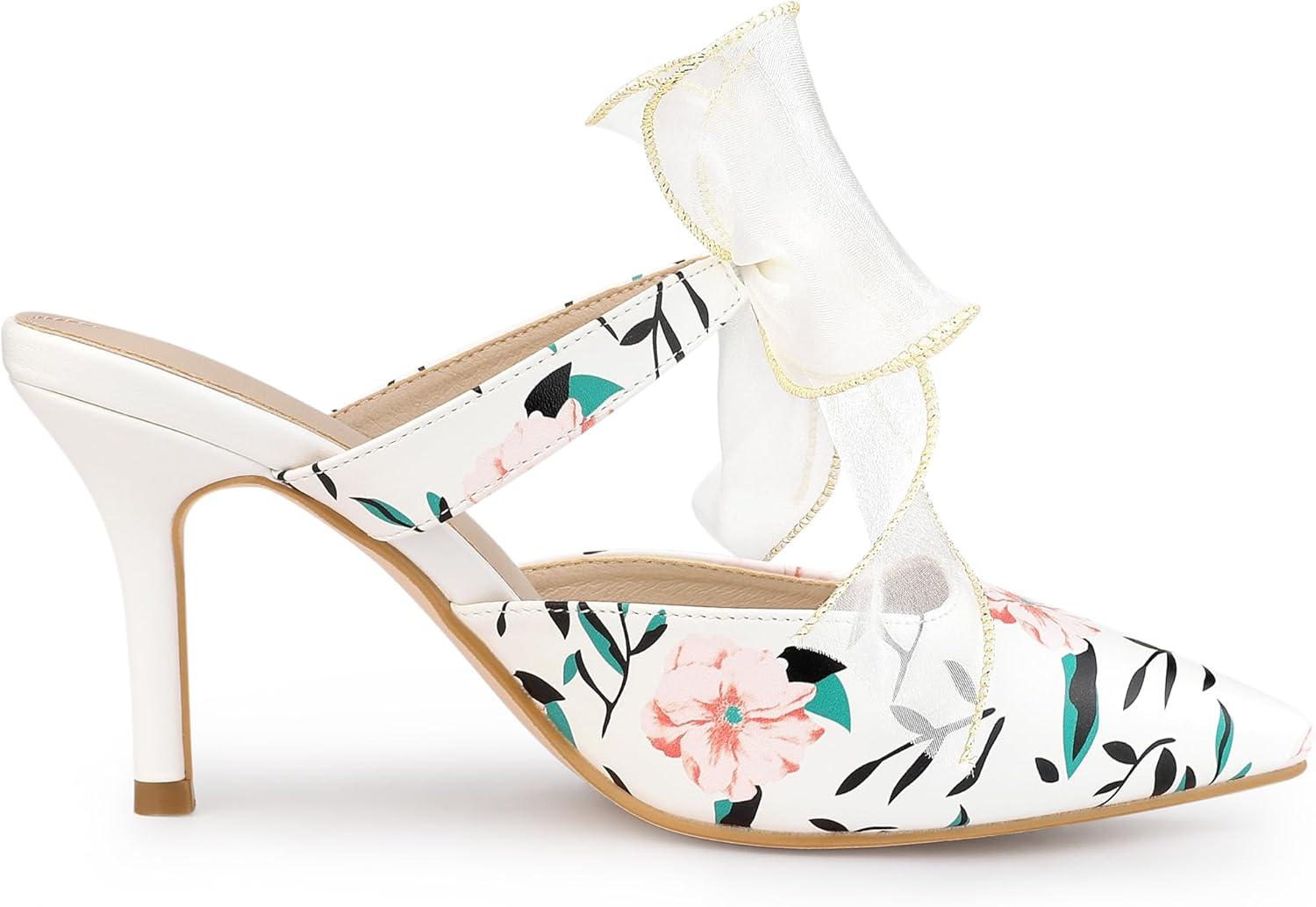 imageAllegra K Womens Pointed Toe Lace Bow Floral Printed Stiletto Heels MulesWhite
