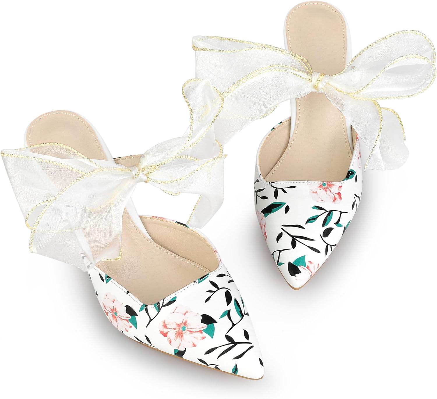 imageAllegra K Womens Pointed Toe Lace Bow Floral Printed Stiletto Heels MulesWhite