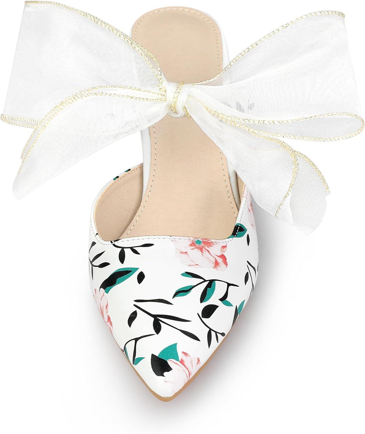 imageAllegra K Womens Pointed Toe Lace Bow Floral Printed Stiletto Heels MulesWhite