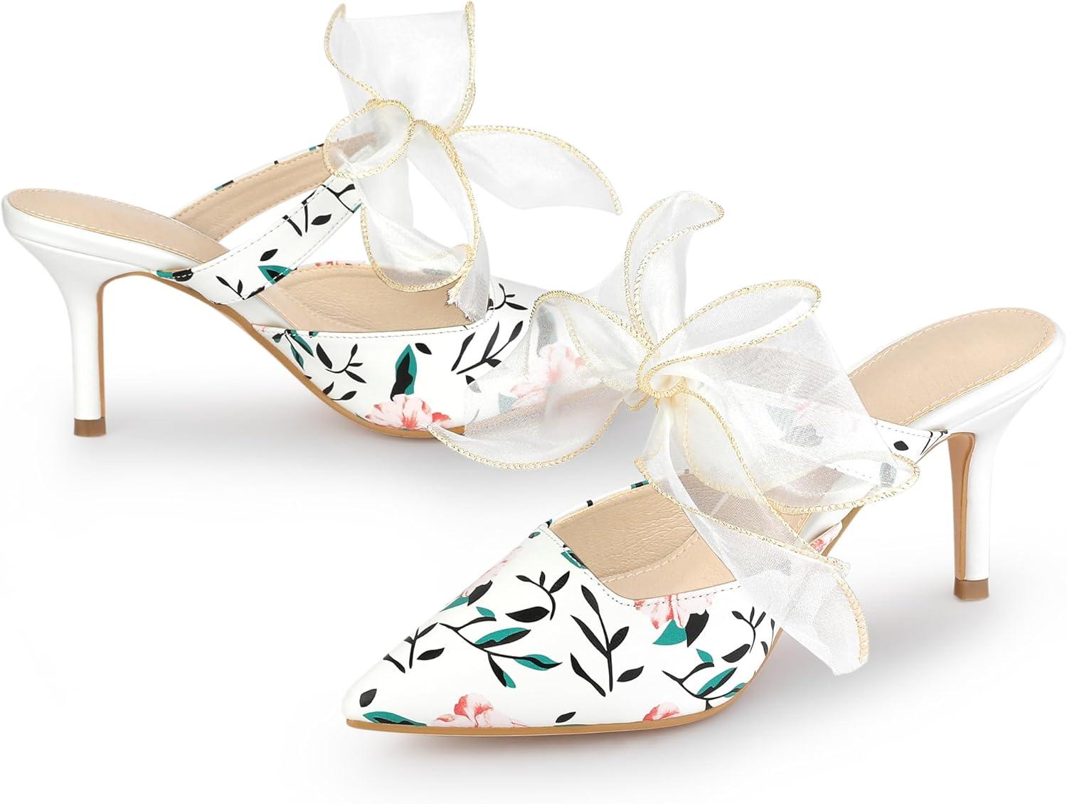 imageAllegra K Womens Pointed Toe Lace Bow Floral Printed Stiletto Heels MulesWhite