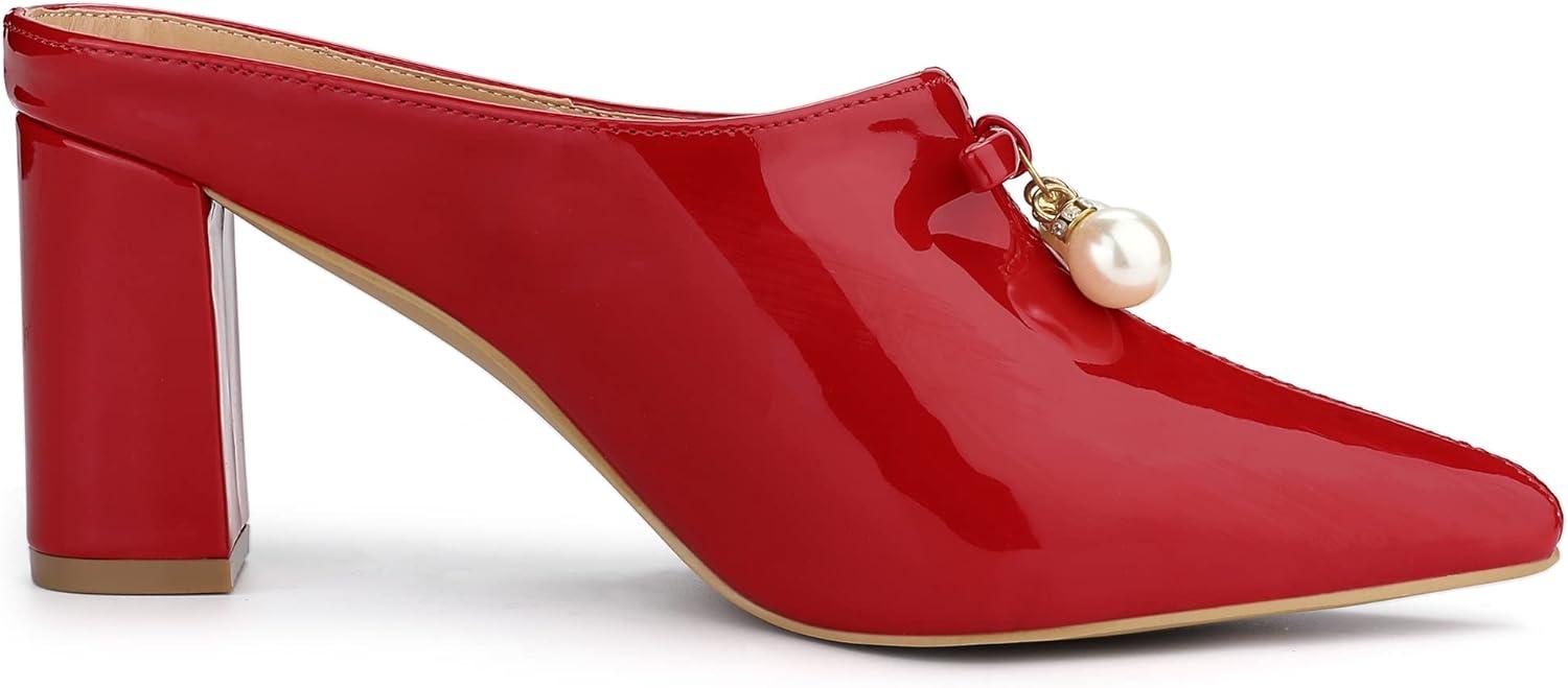 imageAllegra K Womens Pointed Toe Pearl Bow Chunky Heel Slides MulesRed