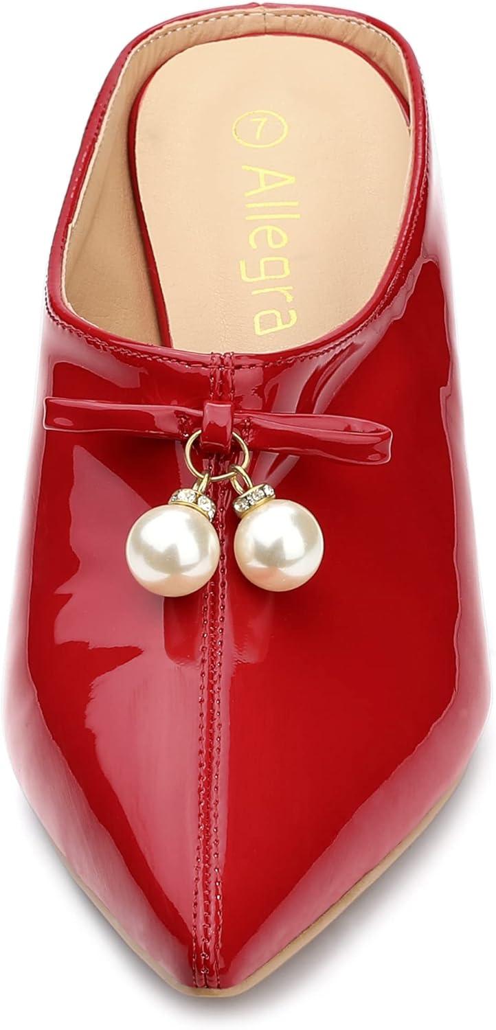 imageAllegra K Womens Pointed Toe Pearl Bow Chunky Heel Slides MulesRed