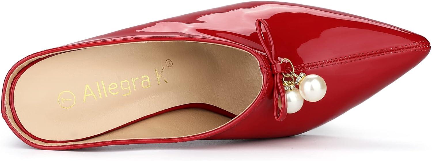 imageAllegra K Womens Pointed Toe Pearl Bow Chunky Heel Slides MulesRed