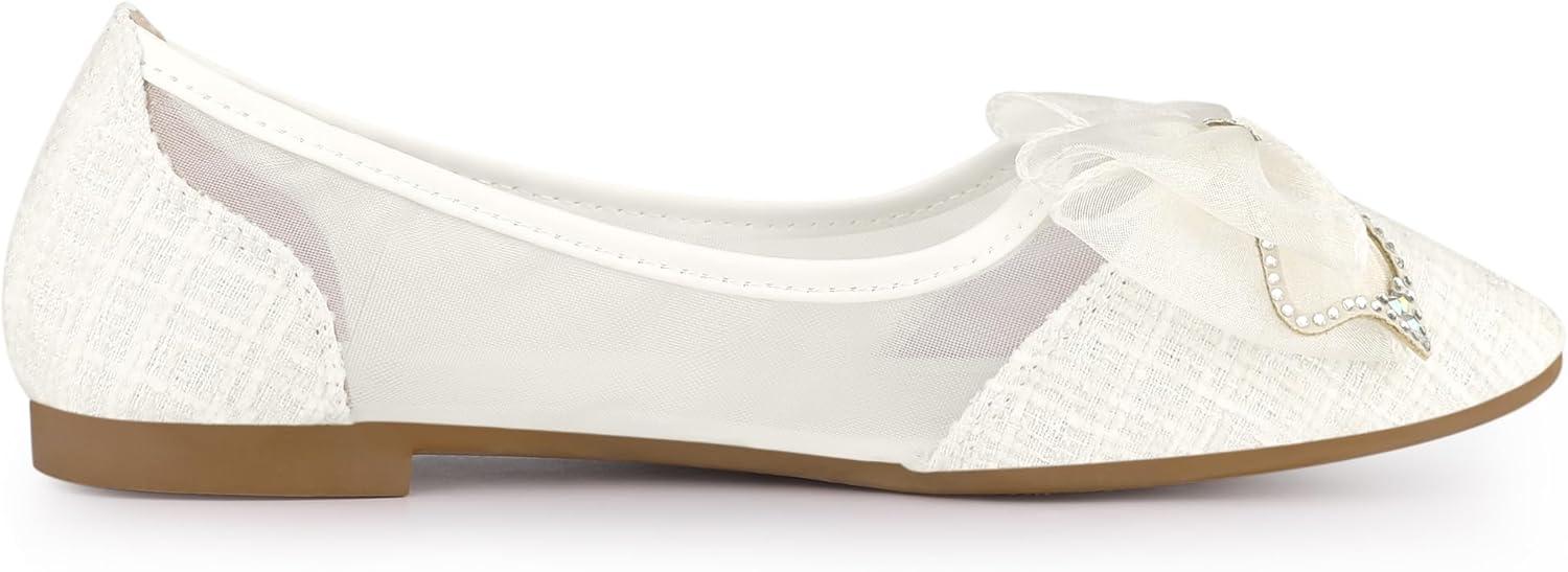 imageAllegra K Womens Pointed Toe Rhinestone Bow Slip on Mesh Ballet FlatsWhite