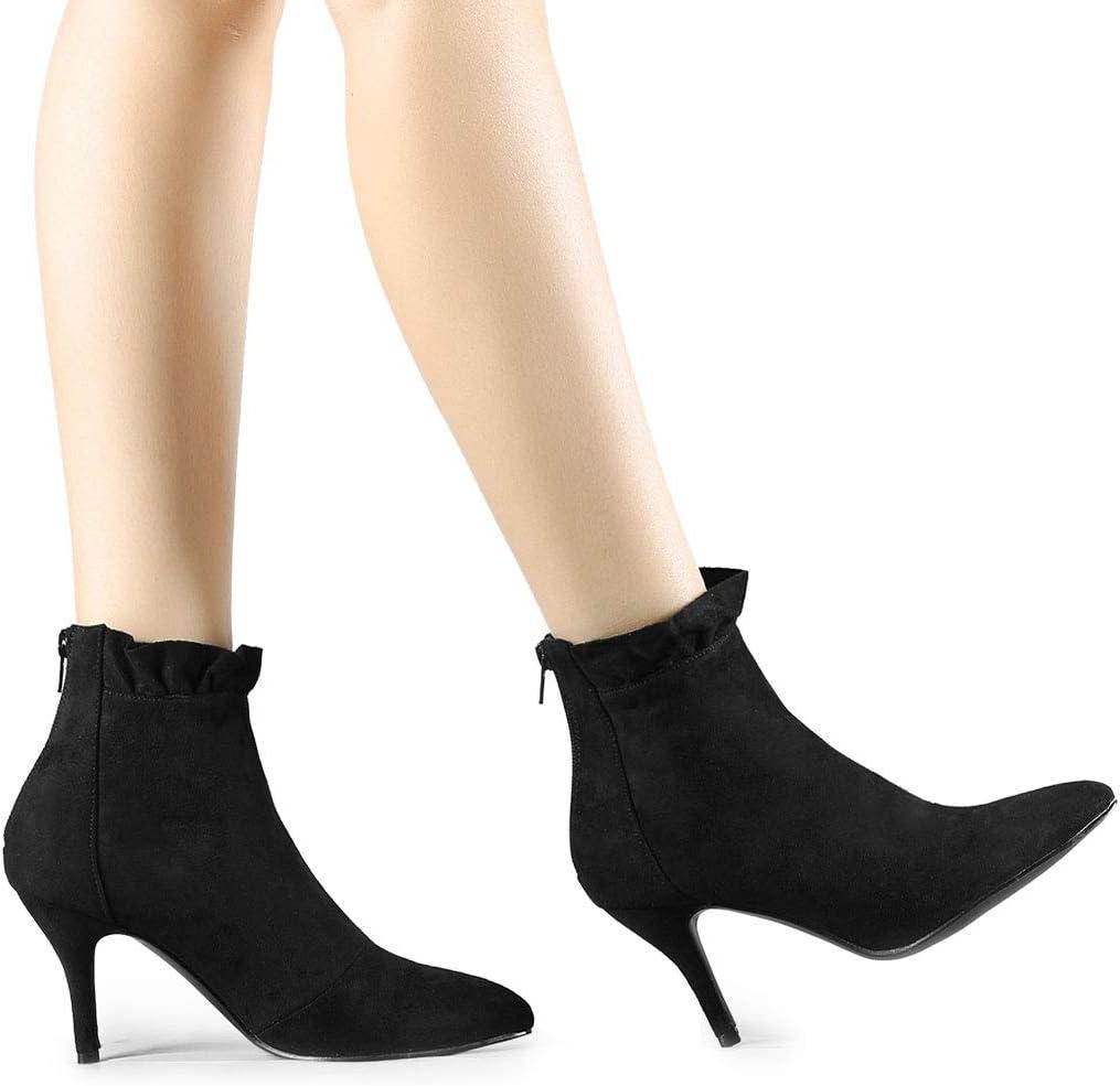 imageAllegra K Womens Pointed Toe Stiletto Heel Ruffle Ankle BootsBlack