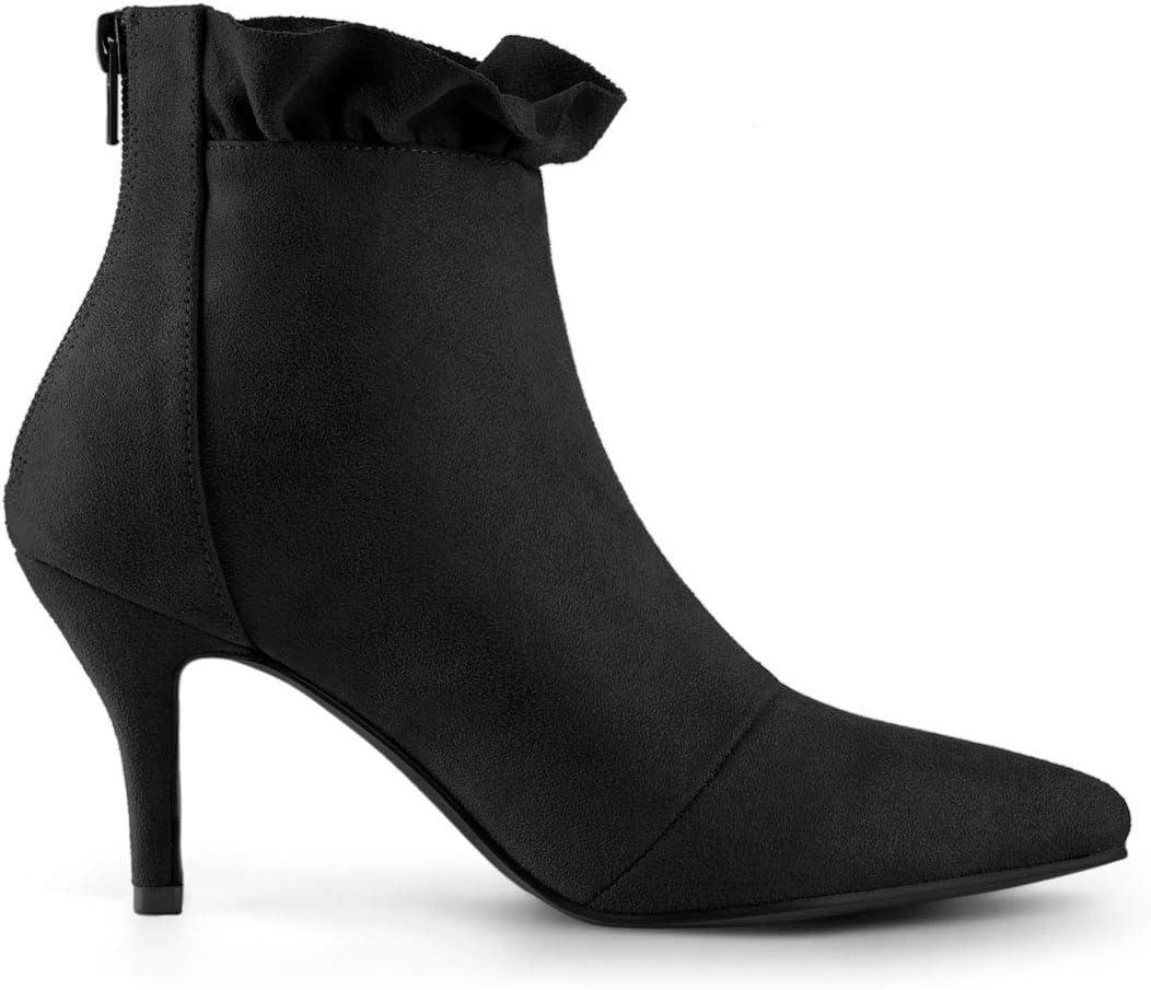 imageAllegra K Womens Pointed Toe Stiletto Heel Ruffle Ankle BootsBlack