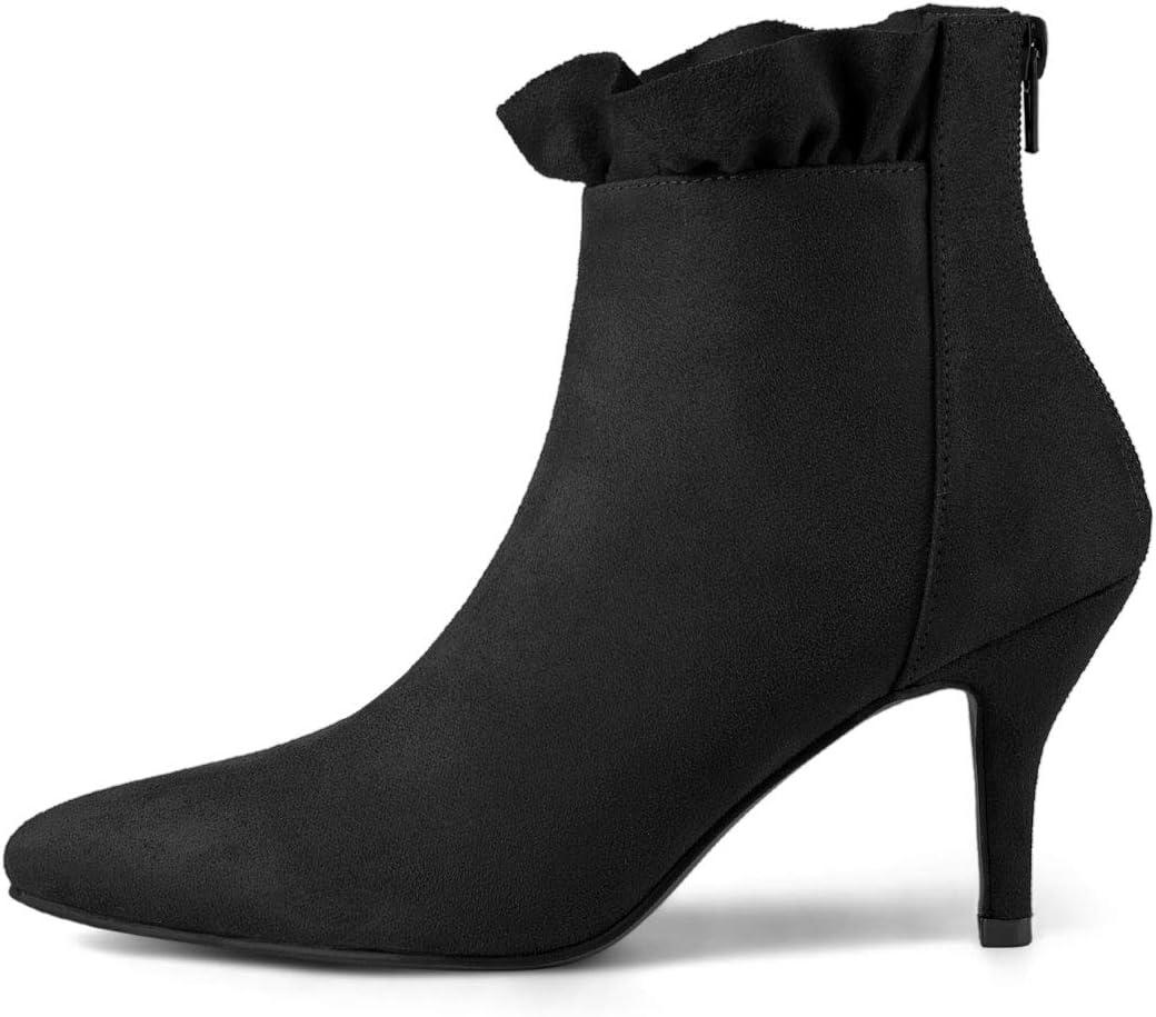 imageAllegra K Womens Pointed Toe Stiletto Heel Ruffle Ankle BootsBlack