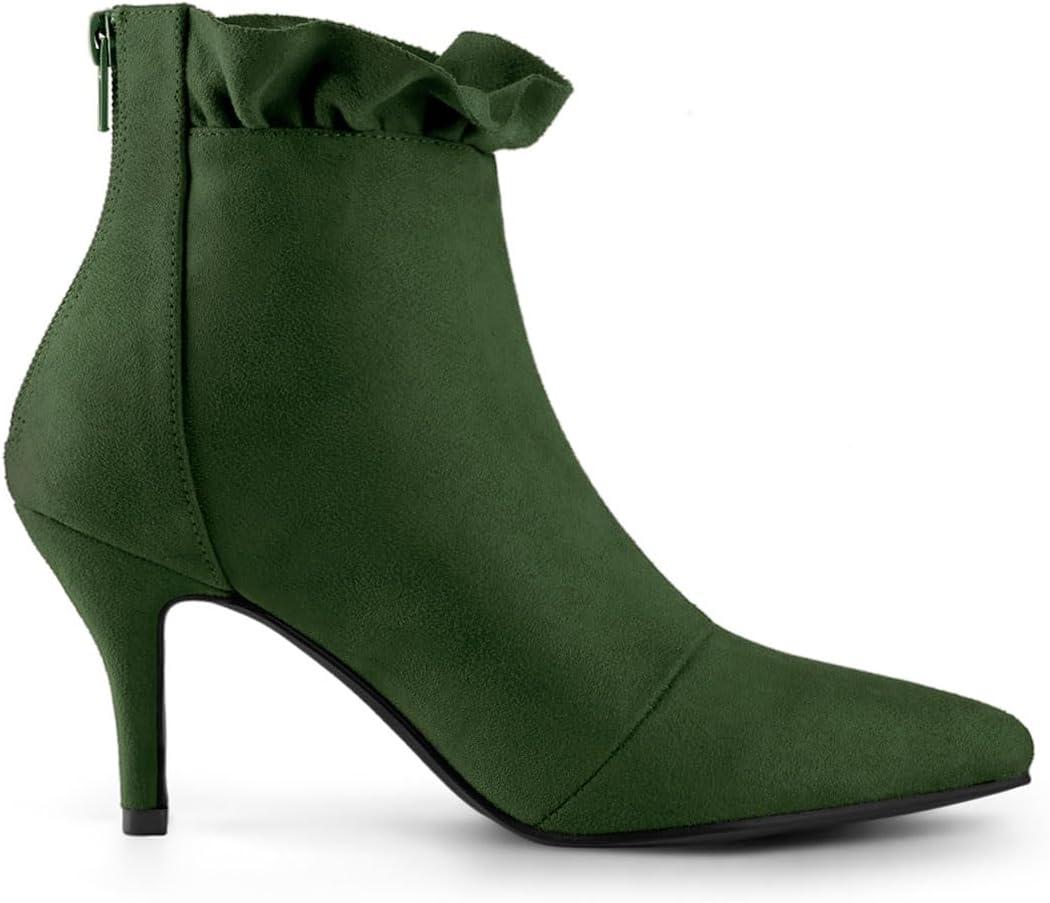 imageAllegra K Womens Pointed Toe Stiletto Heel Ruffle Ankle BootsGreen