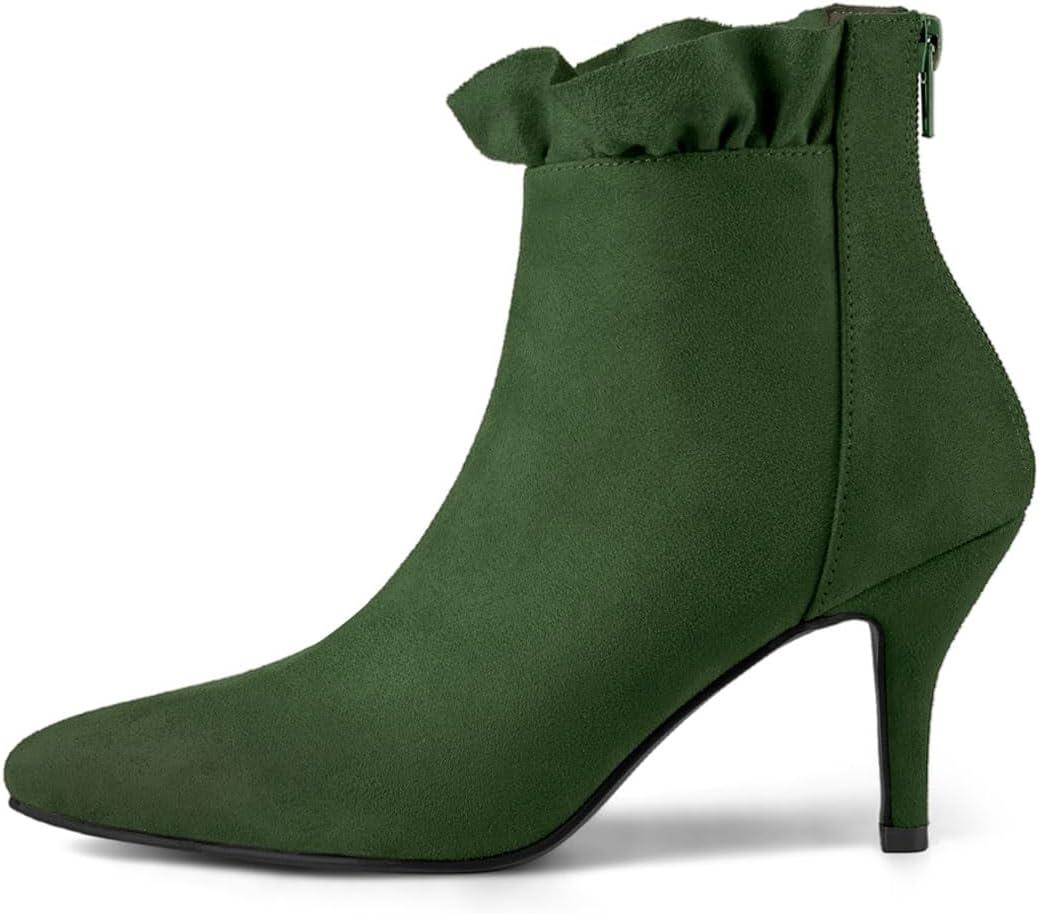 imageAllegra K Womens Pointed Toe Stiletto Heel Ruffle Ankle BootsGreen